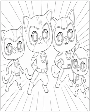 Dibujo de Superkitties Escuadron de héroes Pose de acción página para Colorear