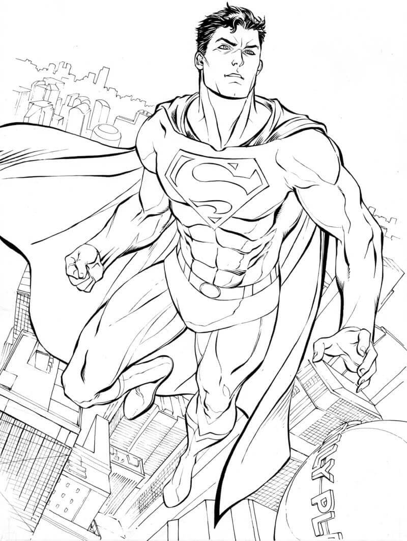 Dibujo de Superman Volando en la Ciudad para Colorear
