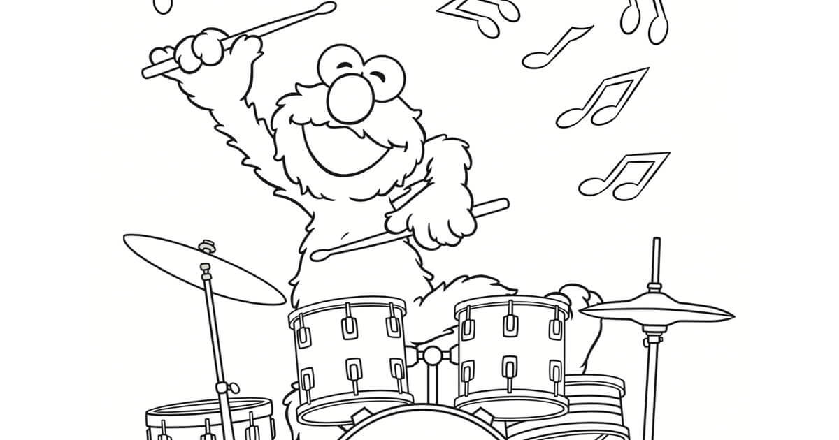 Dibujo de Barrio Sesamo Elmo Tocando el Tambor para Colorear