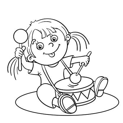 Dibujo de Niña Tocando el Tambor para Colorear