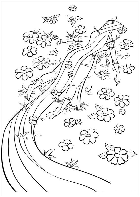 Dibujo de Rapunzel Acostado Sobre Flores para Colorear