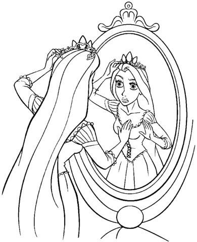 Dibujo de Rapunzel Delante del Espejo para Colorear