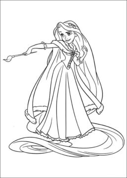 Dibujo de Rapunzel Sosteniendo un Pincel de Pintura para Colorear