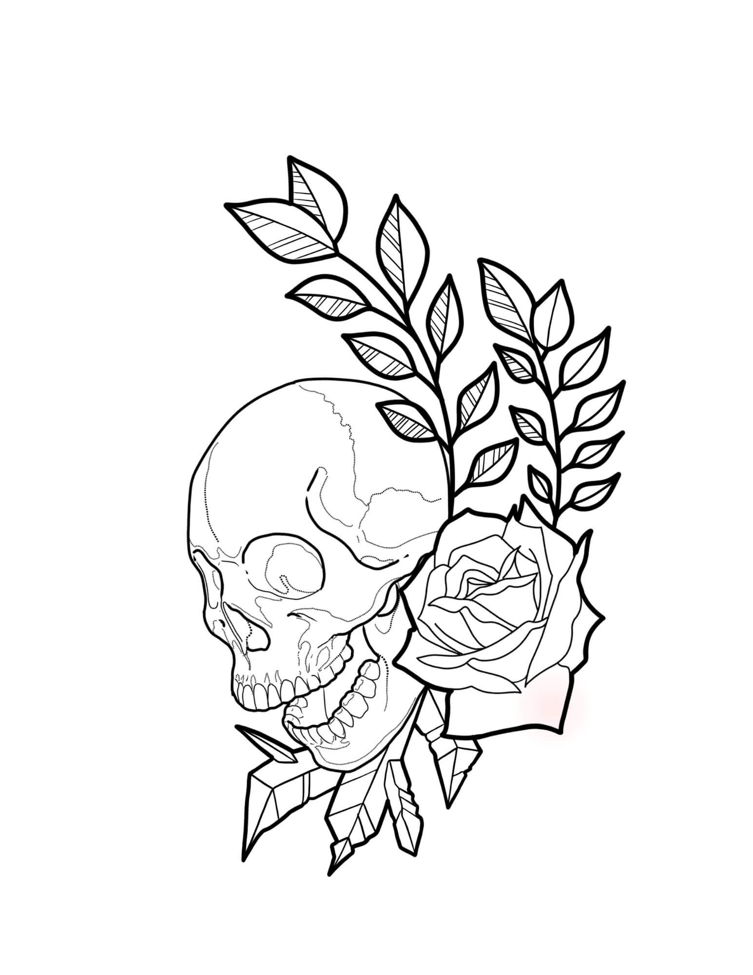 Dibujo de Calavera con Tatuaje de Rosas y Hojas para Colorear