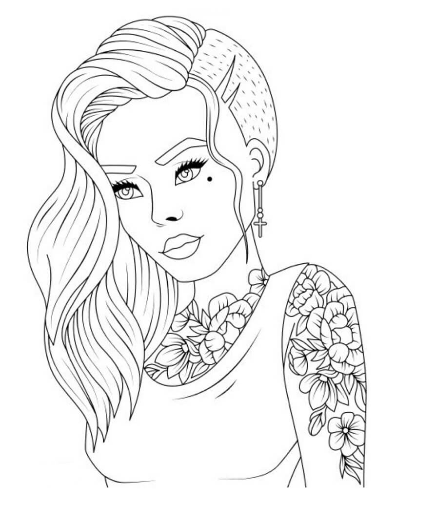 Dibujo de Chica Adolescente Fresca con Tatuaje para Colorear