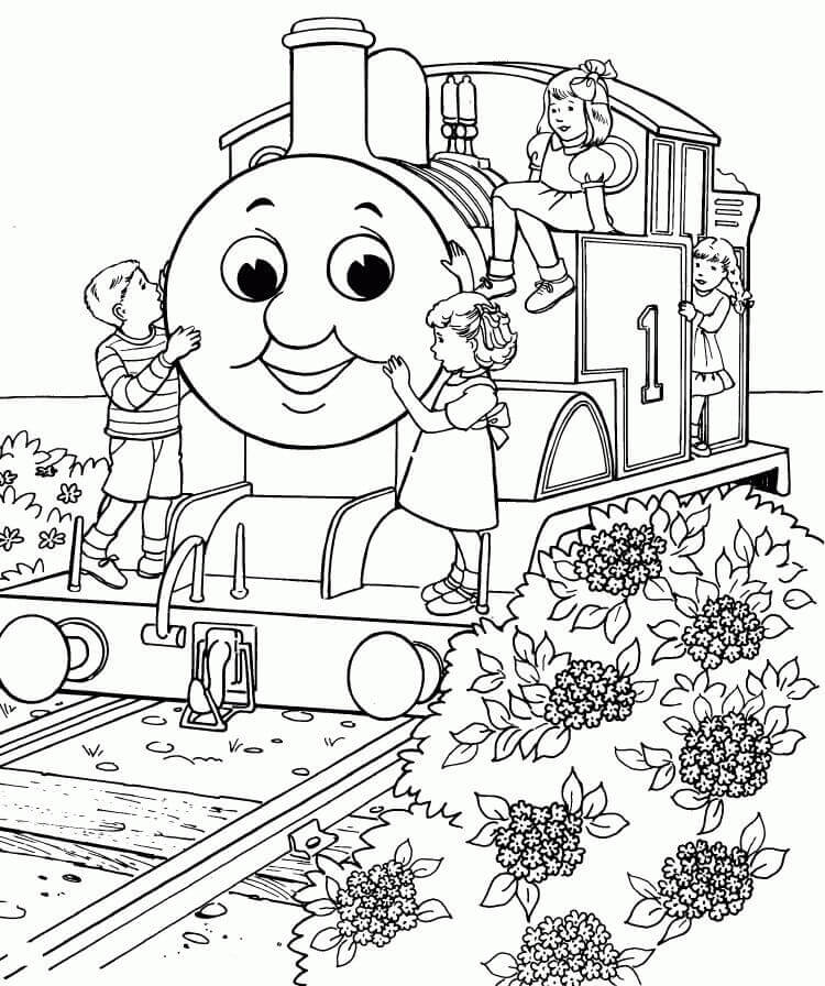 Dibujo de Niños y Thomas el Tren para Colorear