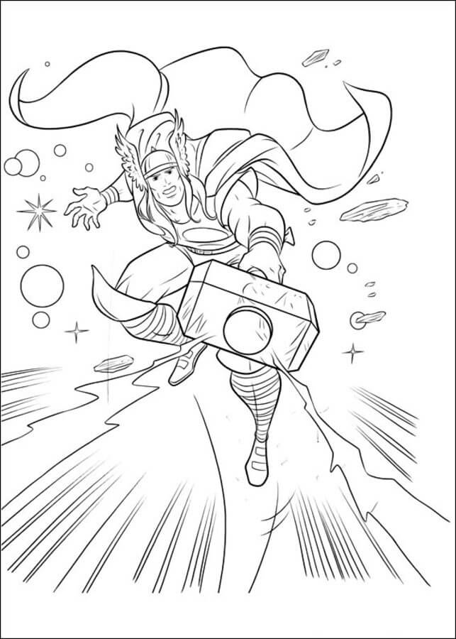 Dibujo de Ataque de Thor de Dibujos Animados para Colorear