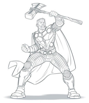 Dibujo de Thor Sosteniendo Hacha para Colorear