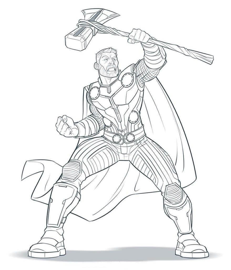 Dibujo de Thor Sosteniendo Hacha para Colorear