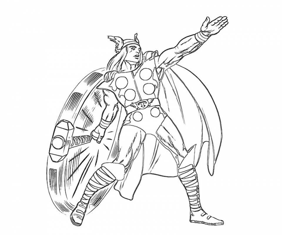 Dibujo de Thor Se Prepara para Lanzar un Martillo para Colorear