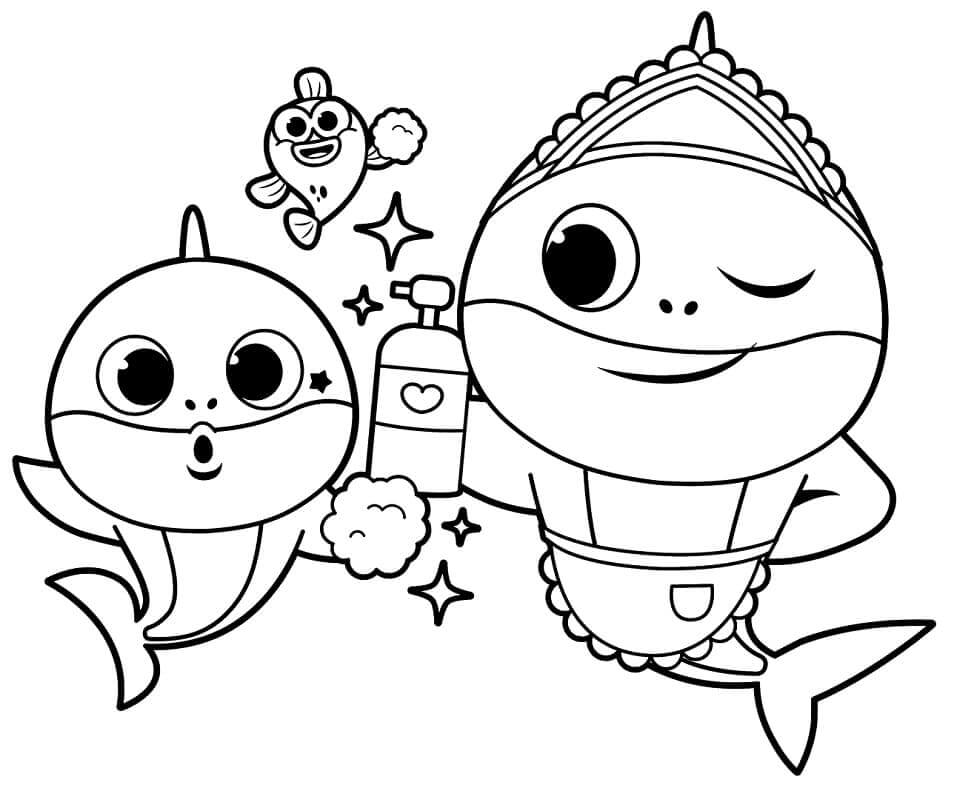 Dibujo de Bebé tiburón con mamá tiburón para Colorear