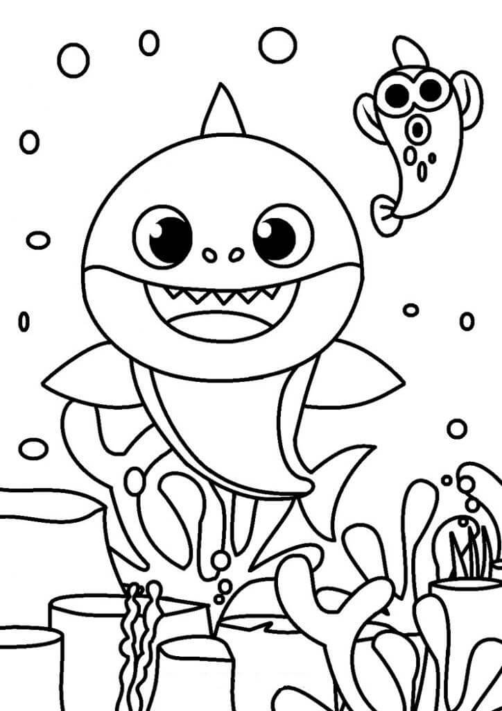 Dibujo de Bebé tiburón con Pescado para Colorear