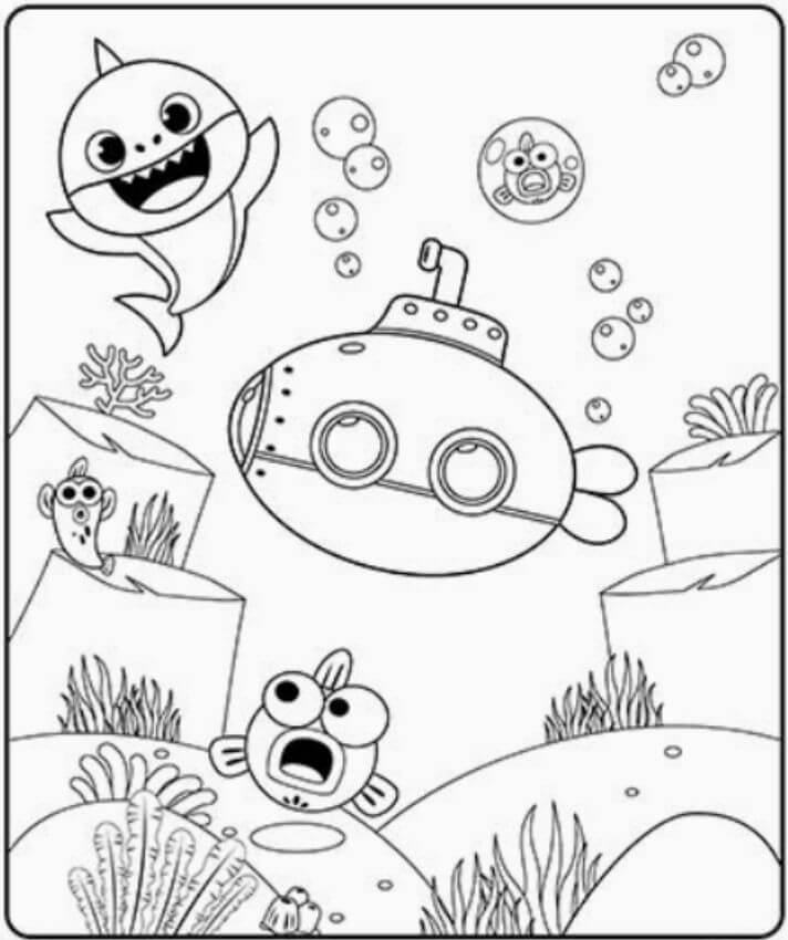 Dibujo de Bebé tiburón con Submarino y Pinkfong para Colorear