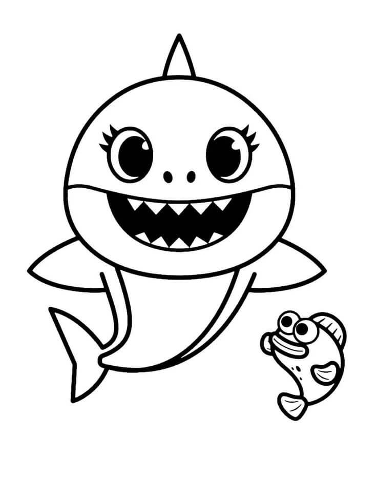 Dibujo de Bebé tiburón Divertido con Peces para Colorear