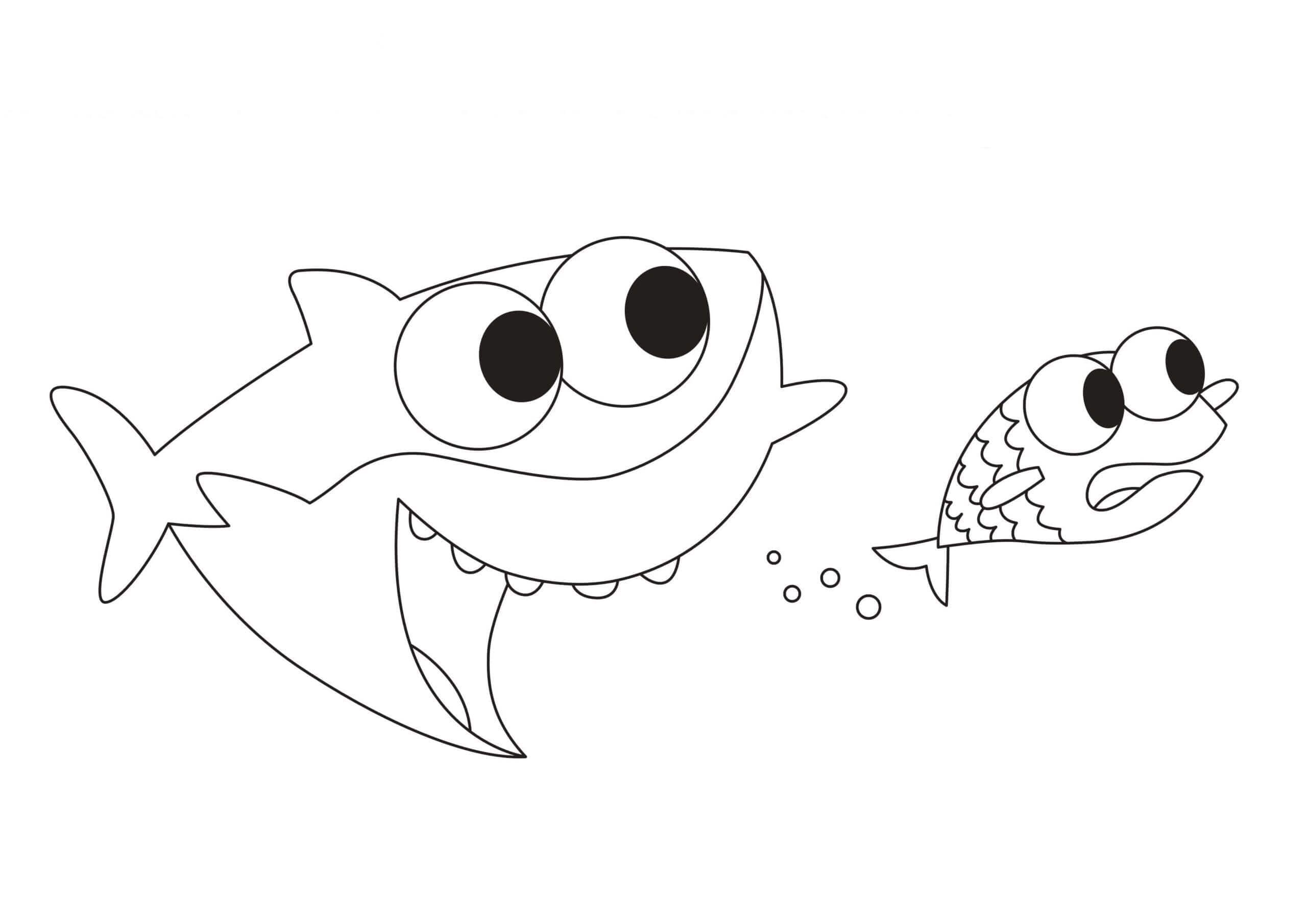 Dibujo de Bebé tiburón Divertido con Pescado para Colorear