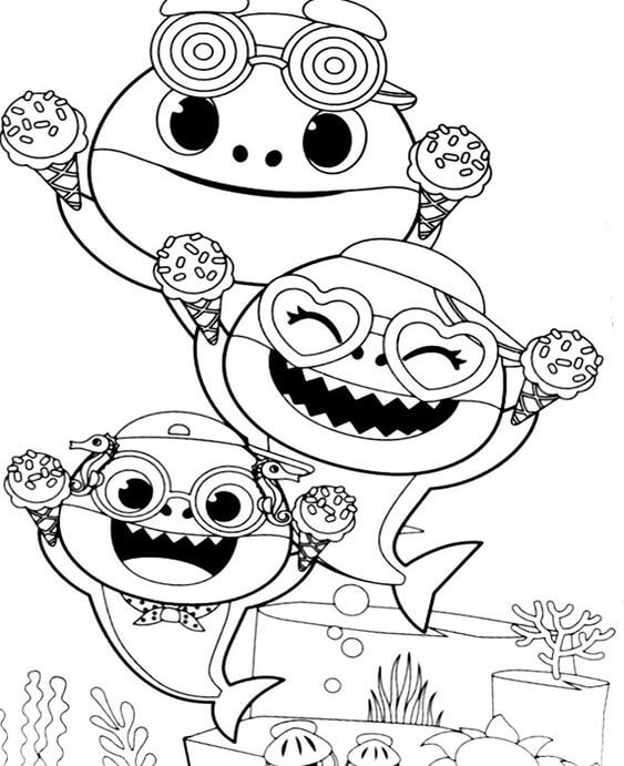 Dibujo de Bebé tiburón y Amigos para Colorear