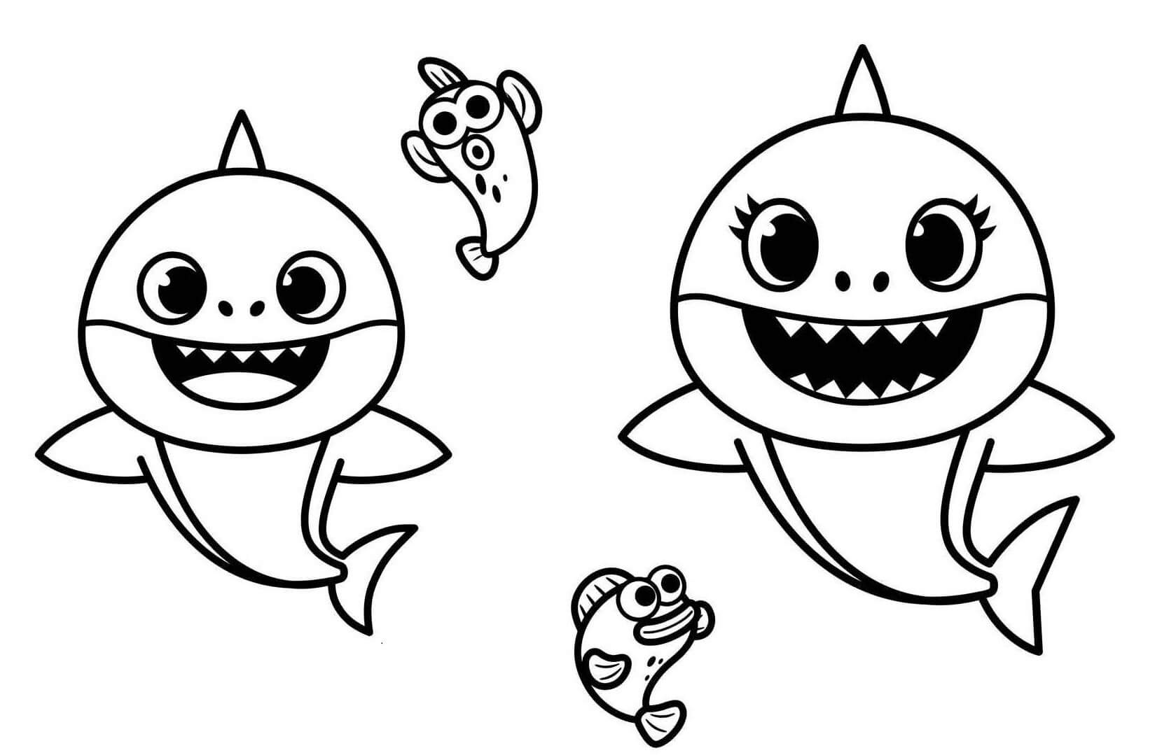 Dibujo de Bebé tiburón y mamá tiburón con Pescado para Colorear
