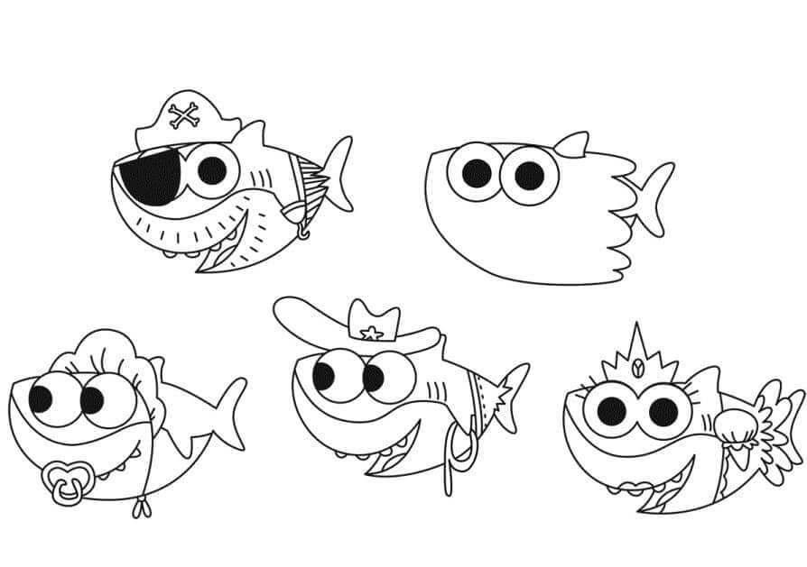 Dibujo de Divertida Familia de Tiburones bebé para Colorear