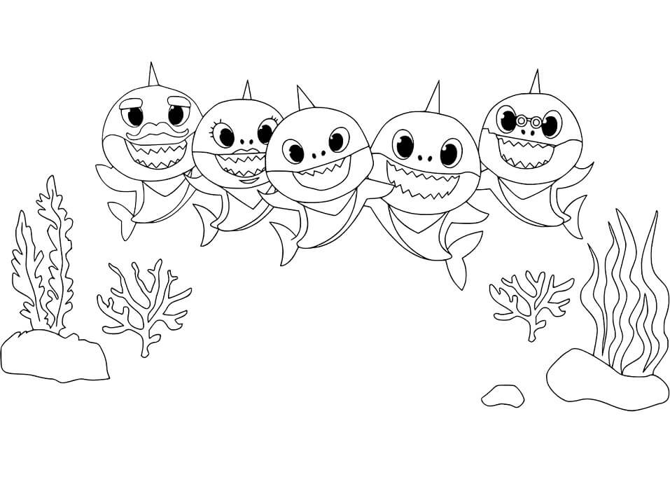 Dibujo de Familia de Tiburones bebé con Corales para Colorear
