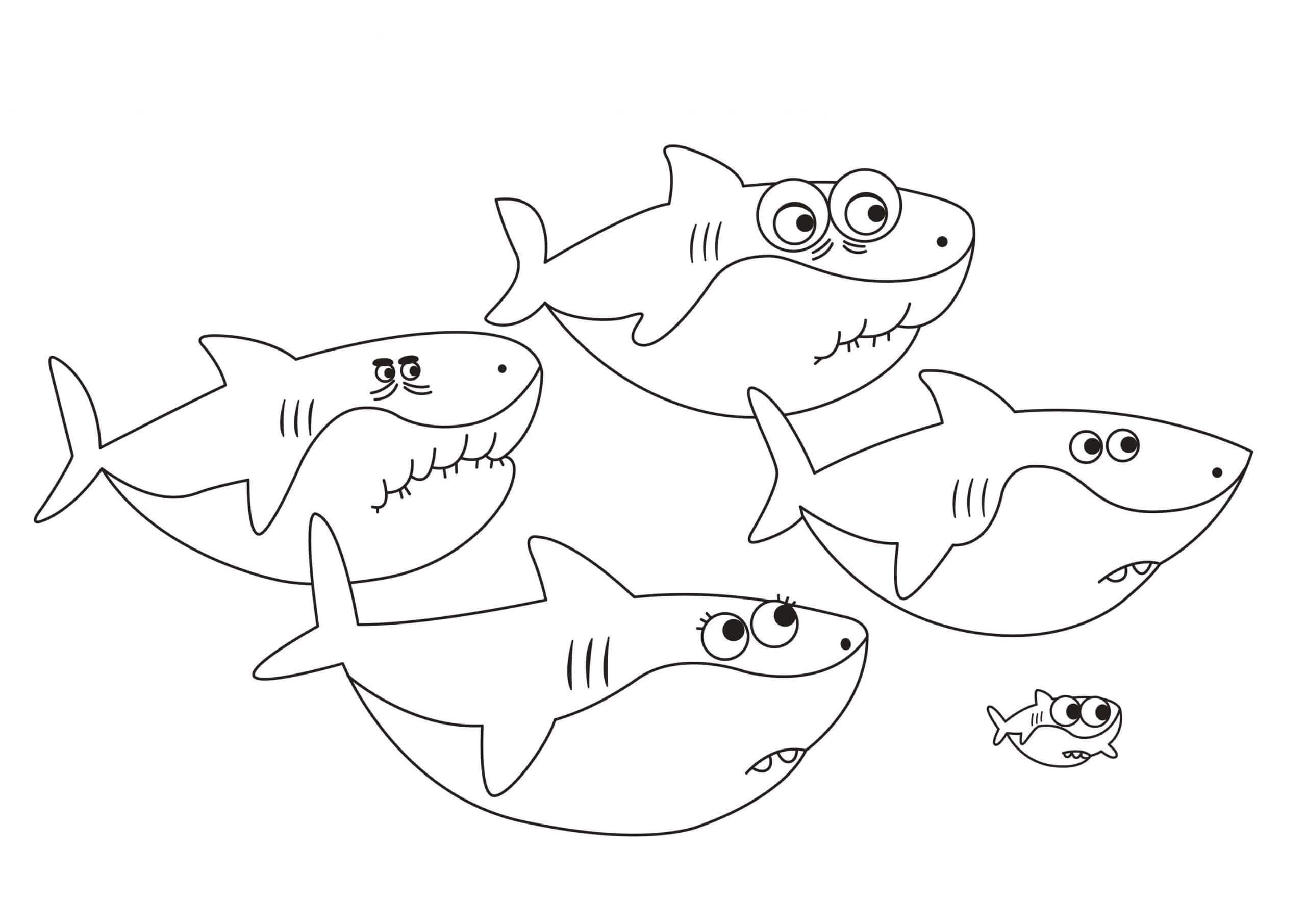 Dibujo de Familia de Tiburones bebés con Peces Nadando para Colorear