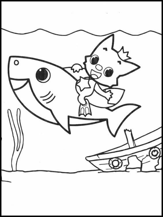 Dibujo de Pinkfong Montando al tiburón bebé para Colorear