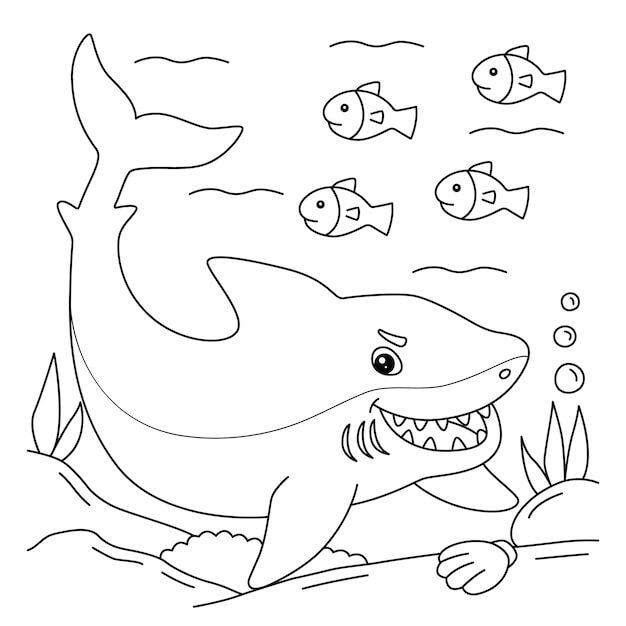 Dibujo de Divertido tiburón con Cuatro Peces para Colorear