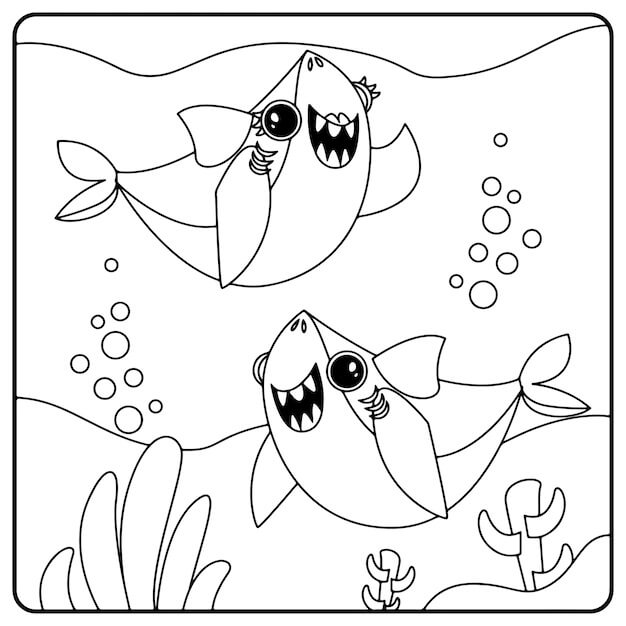 Dibujo de Dos bebés Tiburones Felices para Colorear
