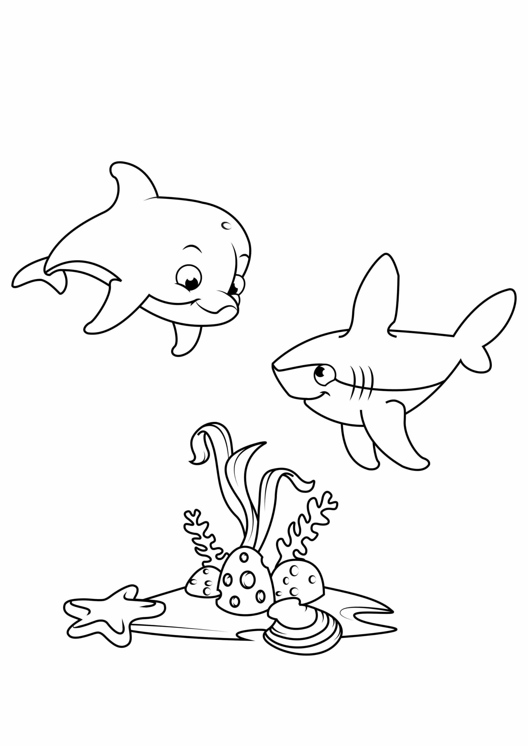 Dibujo de Dos bebés Tiburones con Coral Scaled para Colorear