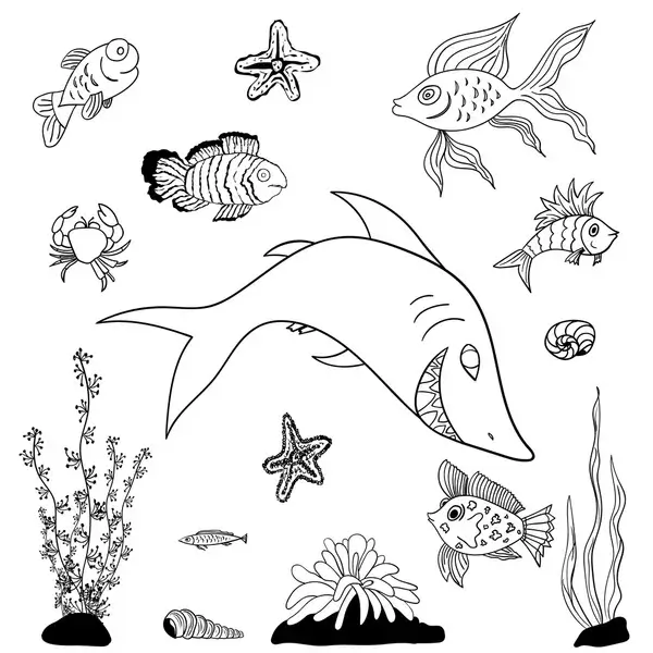 Dibujo de Tiburón Aterrador con Peces para Colorear