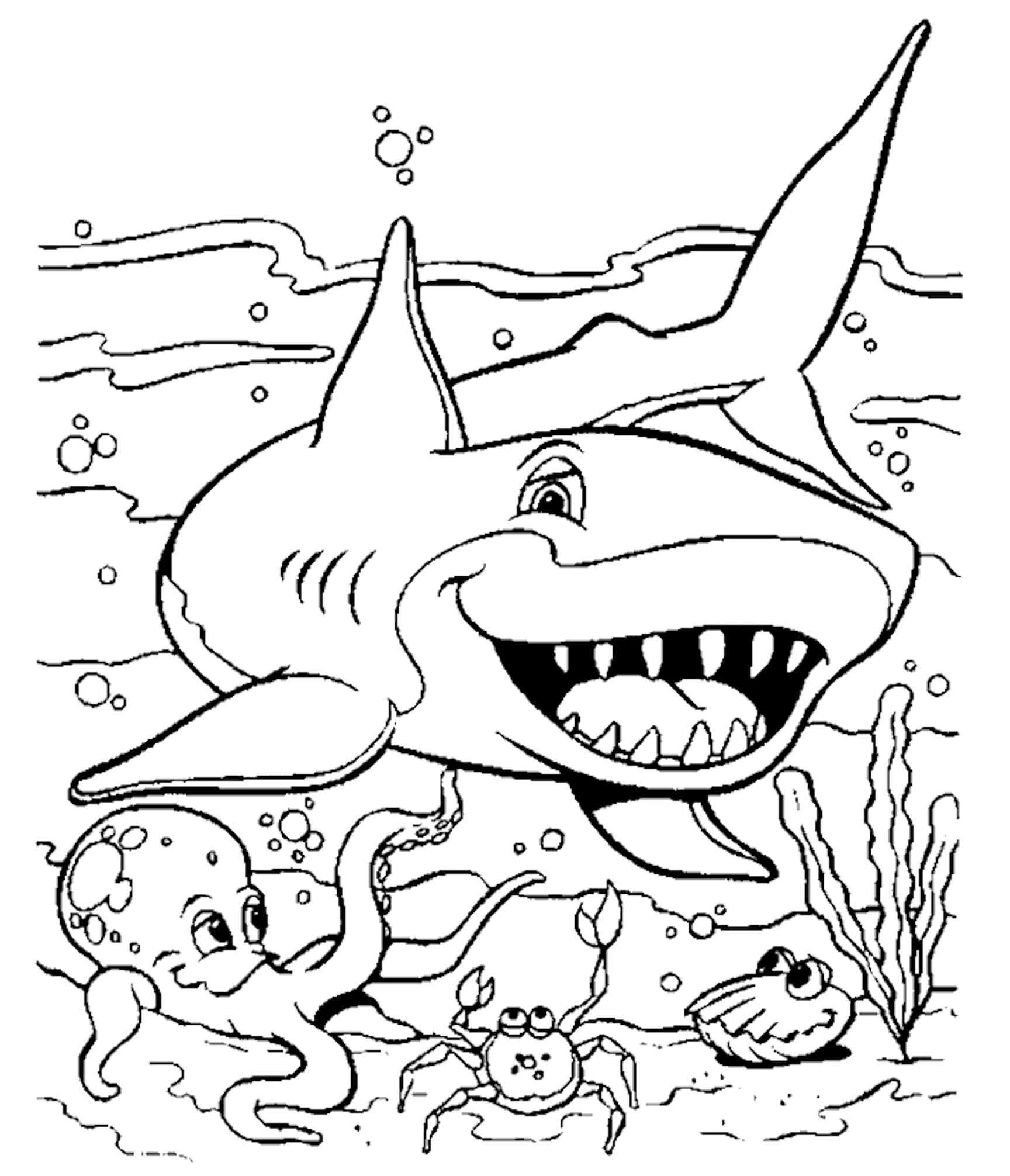 Dibujo de Tiburón Divertido con Animales Marinos para Colorear