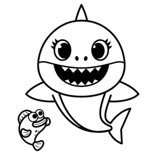 Dibujo de Tiburón bebé con Pescado para Colorear