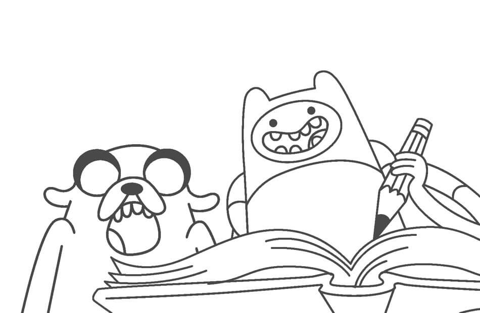 Dibujo de Finn Escribiendo y Jake para Colorear