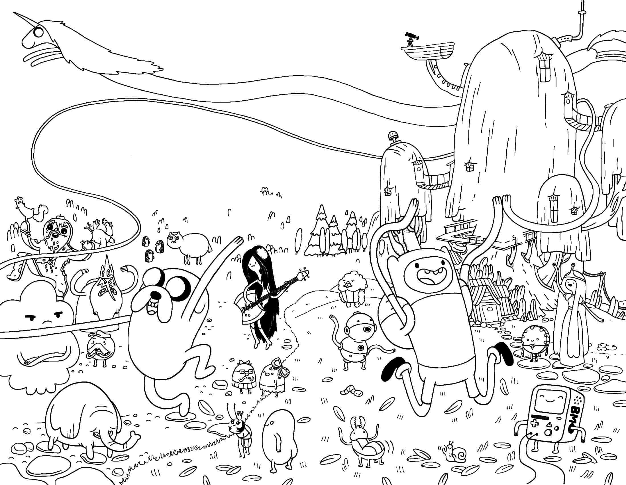 Dibujo de Todos los Personajes de Hora de Aventuras Felices para Colorear