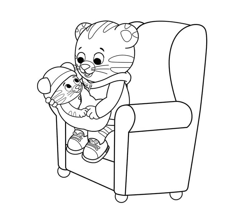 Dibujo de Caricatura Madre Tigre Proceso de Llevar bebé Tigre en Silla para Colorear