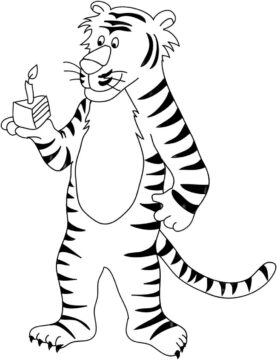 Dibujo de Tigre de Dibujos Animados en Feliz cumpleaños para Colorear