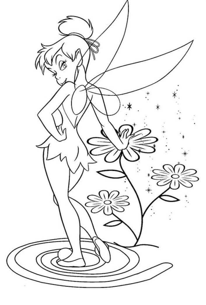 Dibujo de Tinkerbell con Flores para Colorear