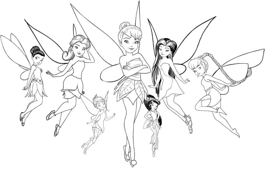 Dibujo de Tinkerbell y Seis Bolando de Hadas para Colorear
