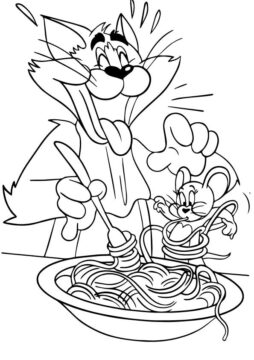 Dibujo de Tom y Jerry Comiendo Fideos para Colorear