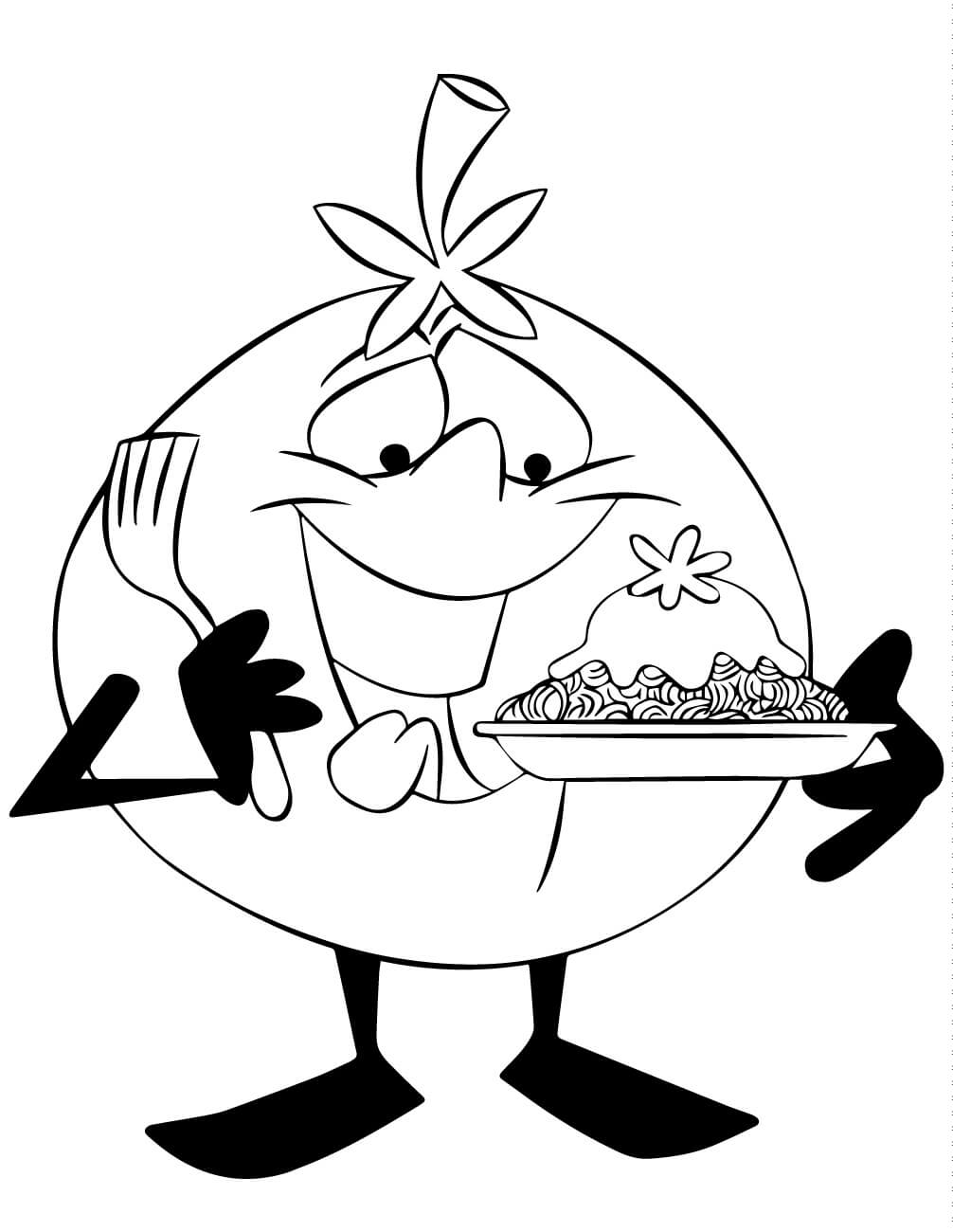 Dibujo de Tomate Comiendo Fideos para Colorear