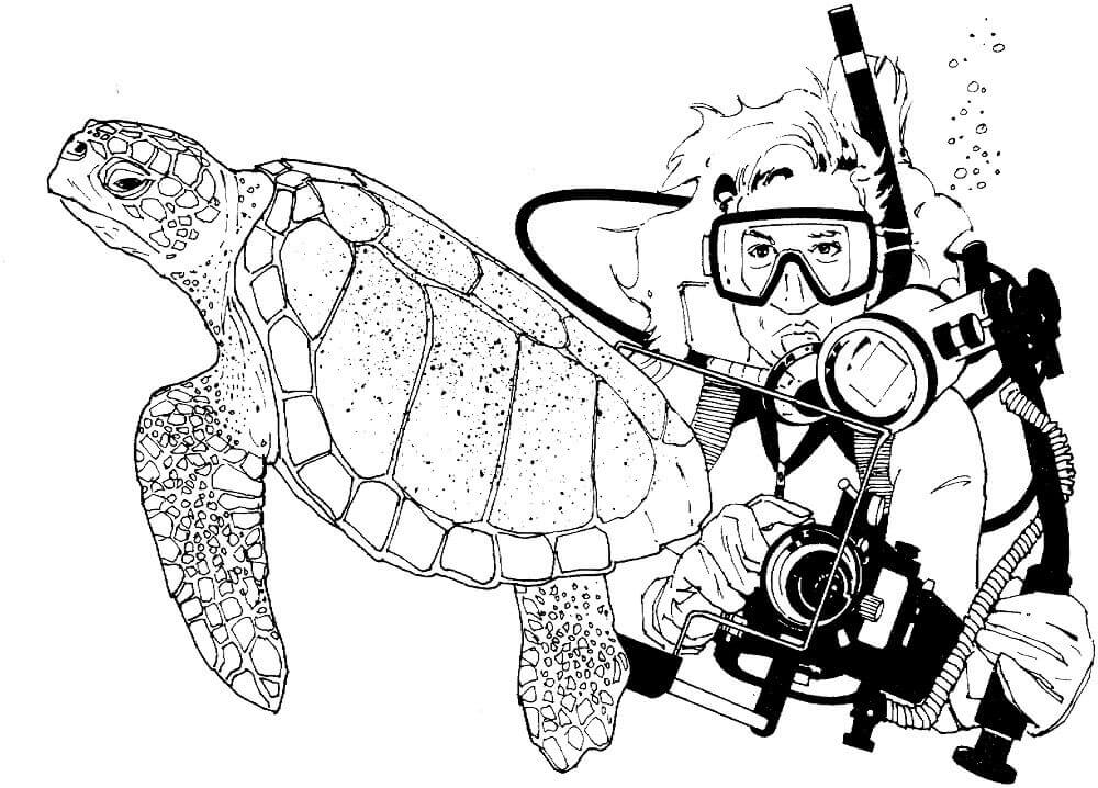 Dibujo de Buceador y Tortuga Marina para Colorear