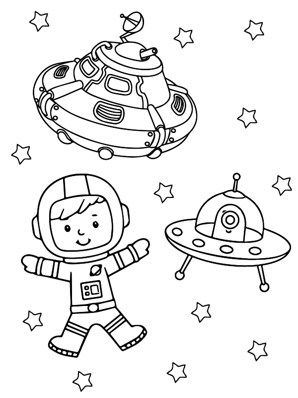 Dibujo de Astronaut And Ufo Spaceships Coloring Page para Colorear