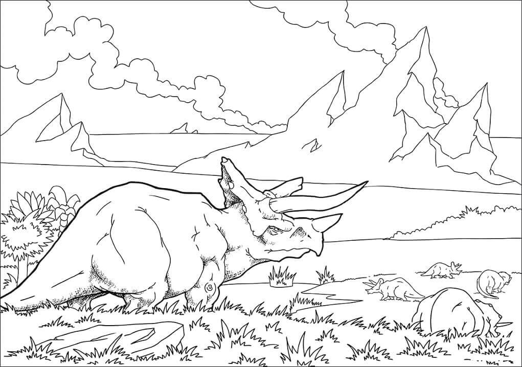 Dibujo de Bandada de Triceratops para Colorear