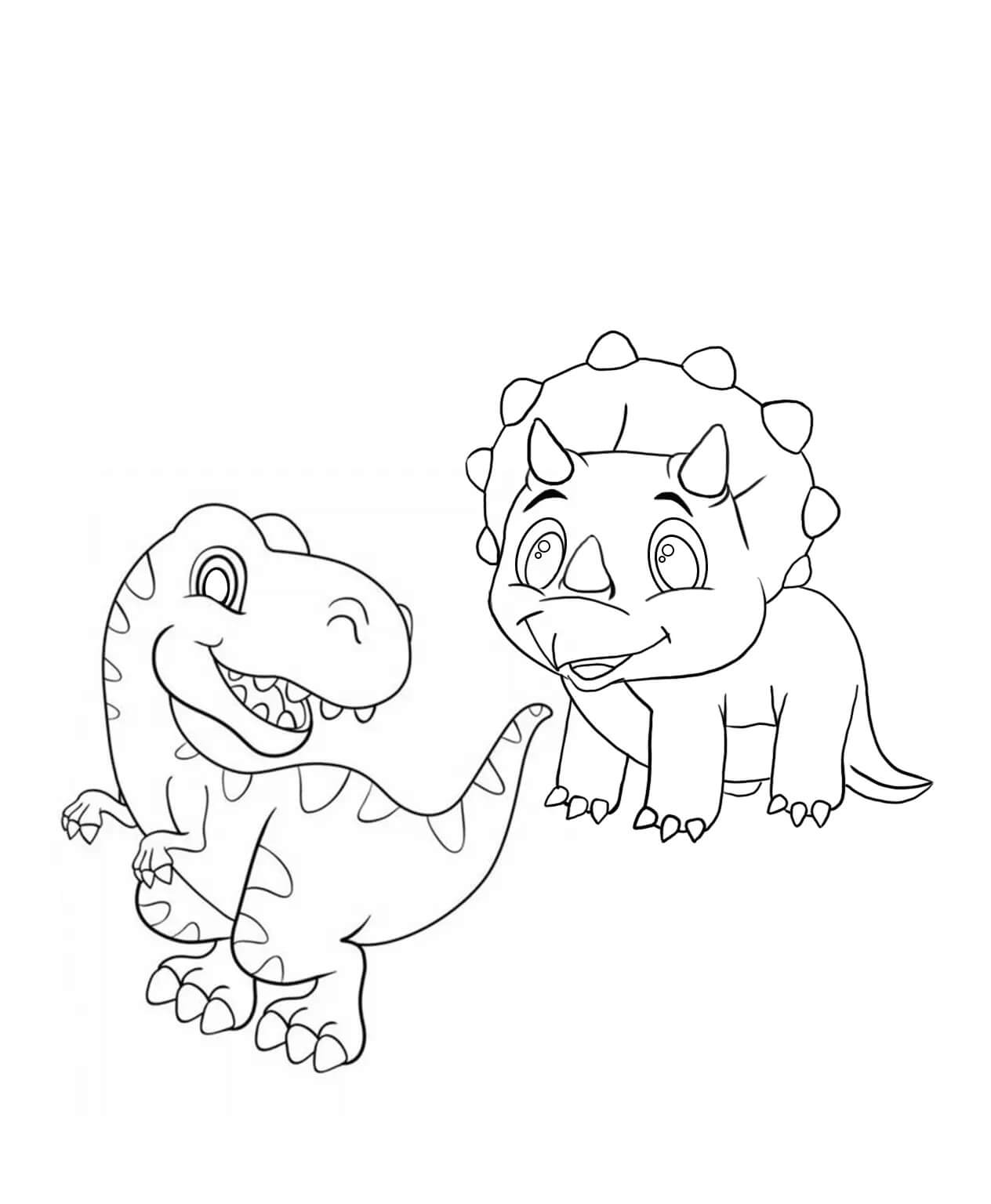 Dibujo de Chibi Tiranosaurio Rex y Triceratop para Colorear