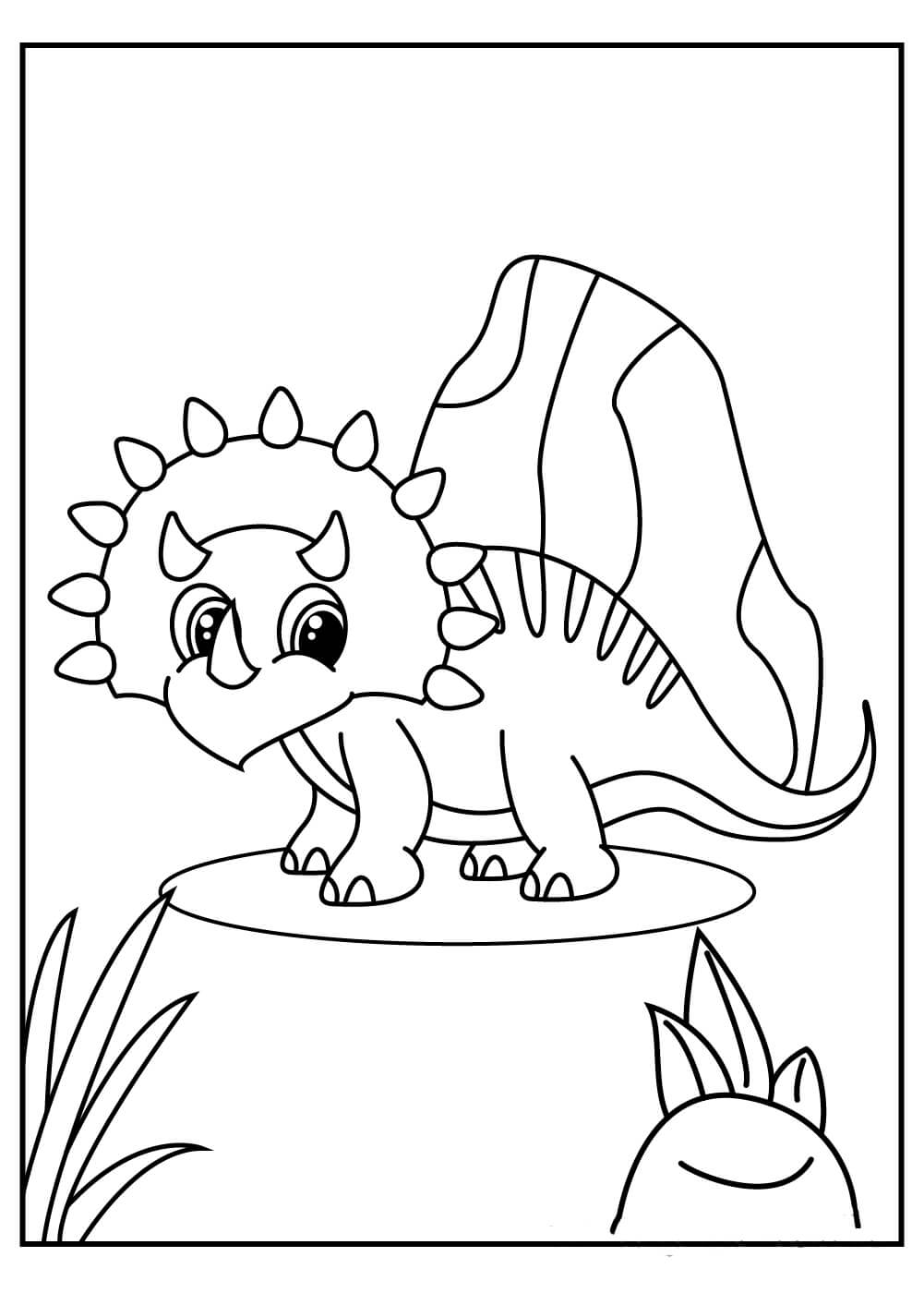 Dibujo de Pequeño Triceratop con Roca para Colorear