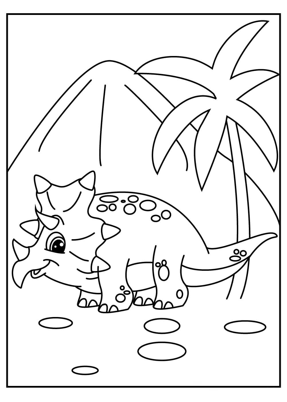 Dibujo de Triceratop con montaña y árbol para Colorear