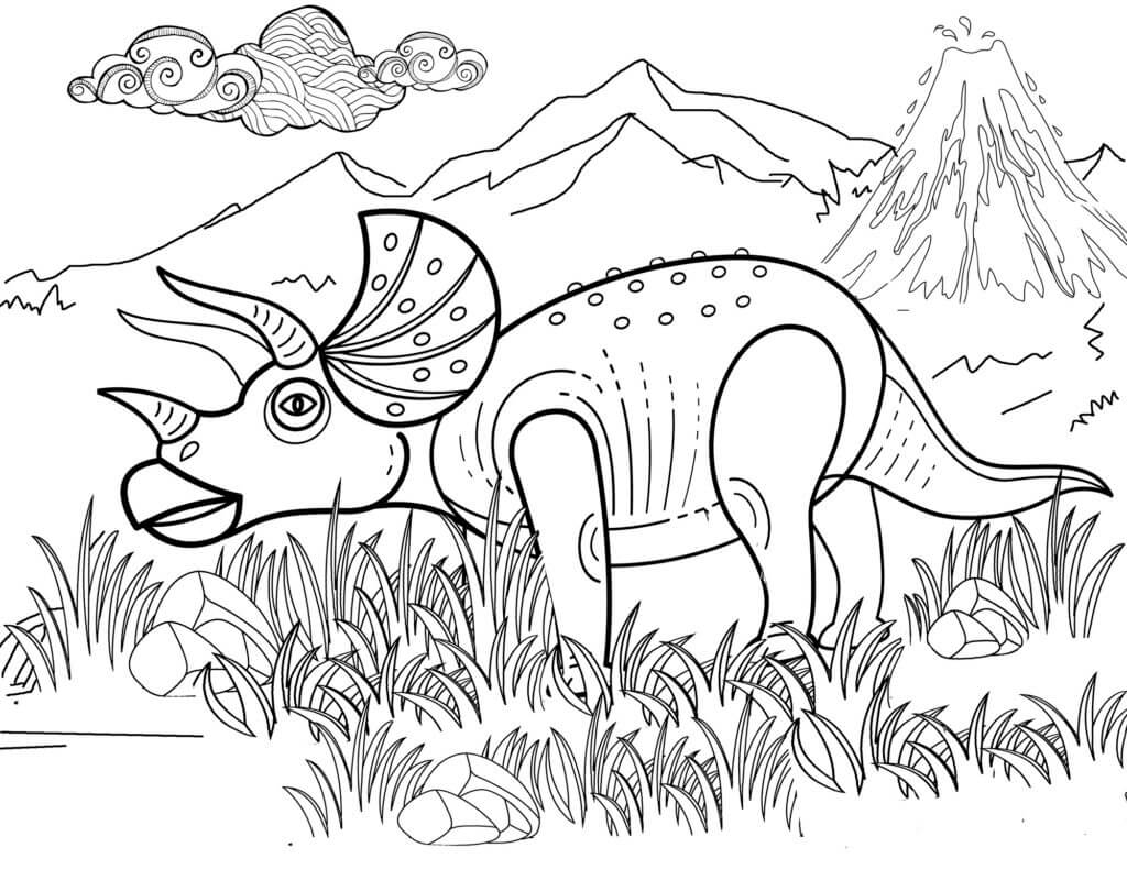 Dibujo de Triceratop Sobre Hierba para Colorear