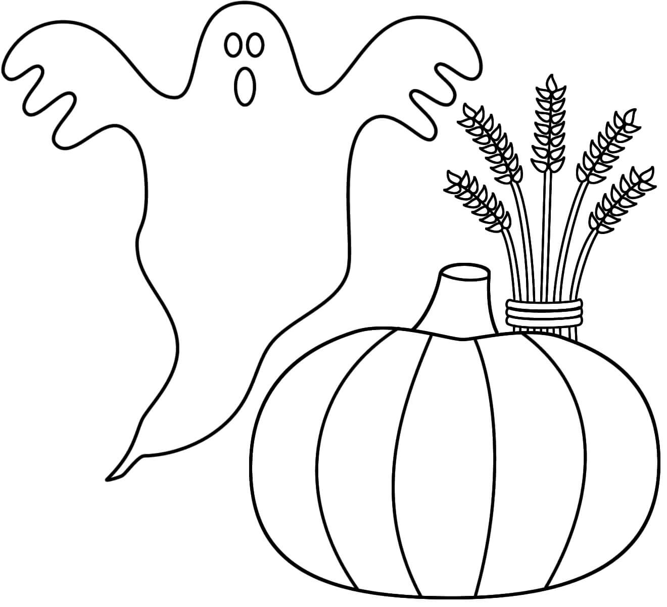 Dibujo de Fantasma con Calabaza y Gavilla de Trigo para Colorear