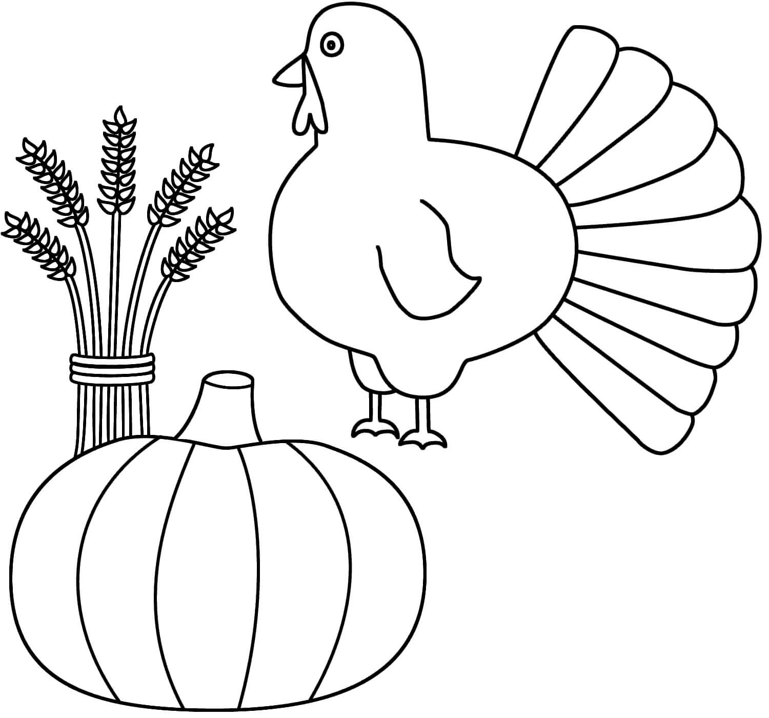 Dibujo de Pavo con Calabaza y Gavilla de Trigo para Colorear