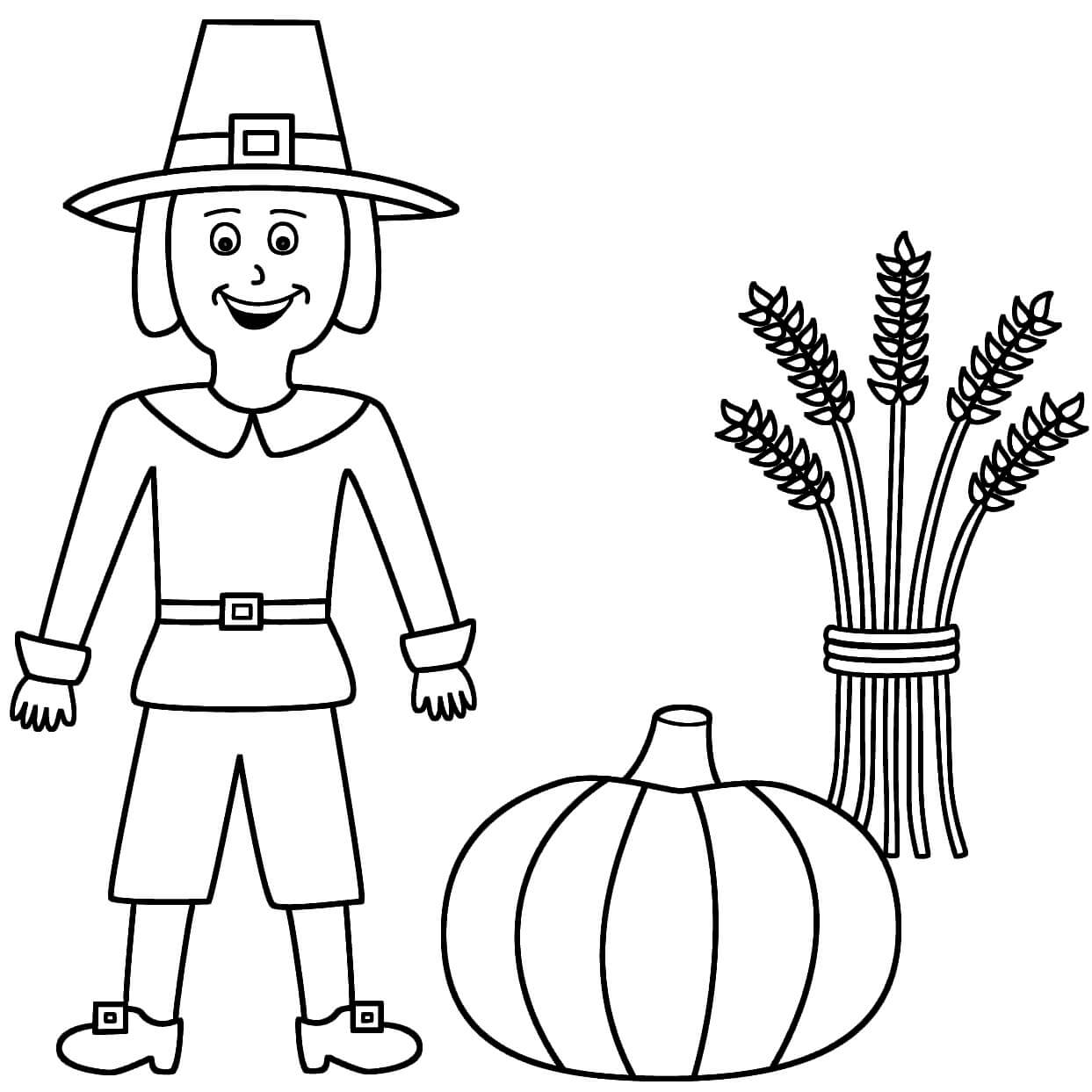 Dibujo de Peregrino con Gavilla de Trigo y Calabaza para Colorear