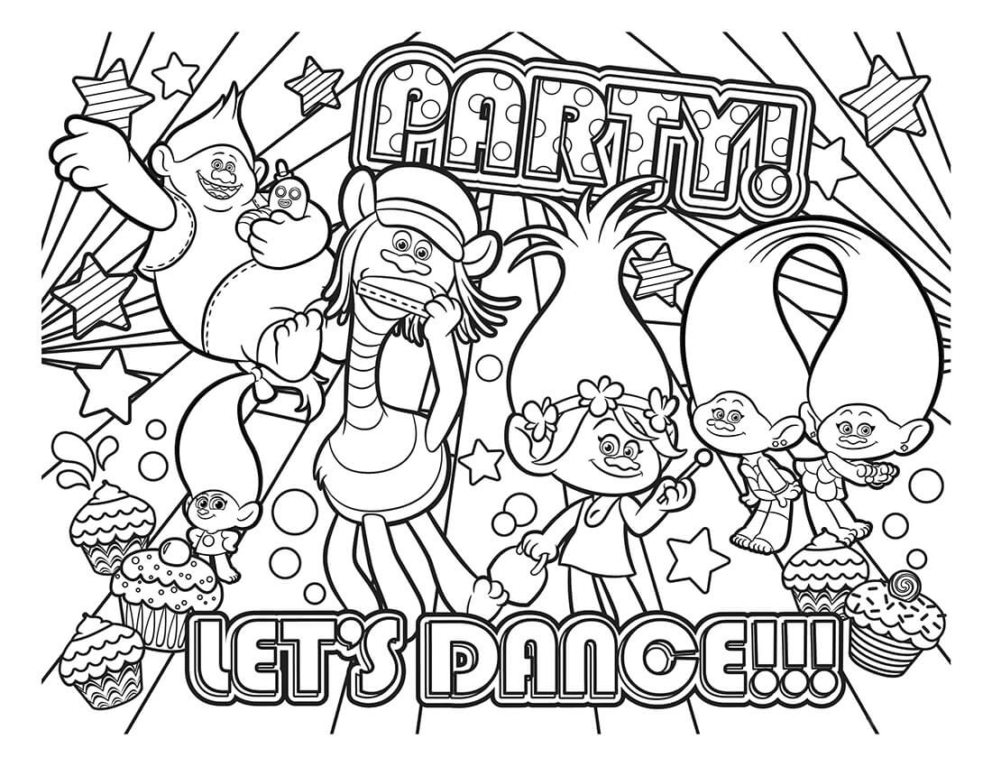 Dibujo de Fiesta Bailemos en Trolls para Colorear